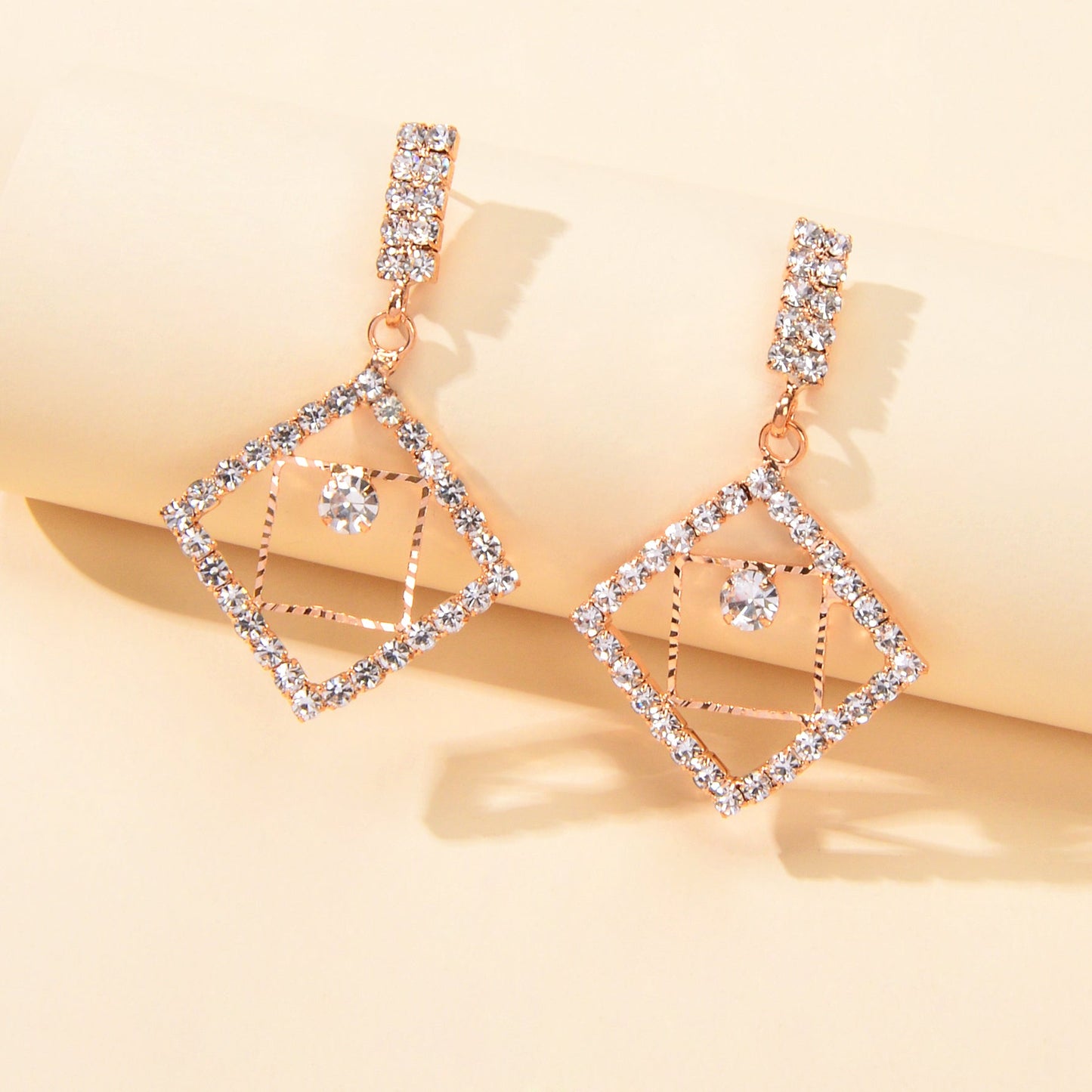 Anniversary Wedding Jewelry Luxury Full Rhinestone Square Dangle Bridal Earrings