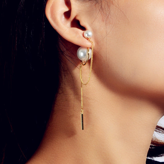 Retro Textured Jewellery Circle Chain Bar Charm Pearl Stud Earrings Ear Jacket