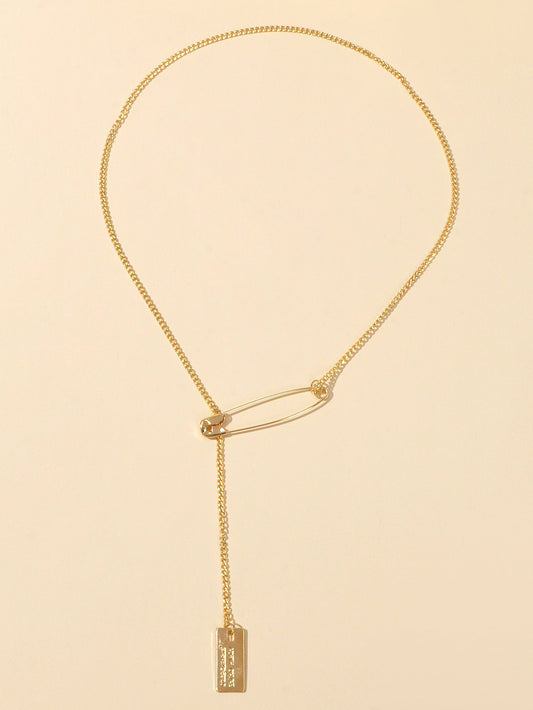 Punk Hip Hop Goth Style Gold Silver Chain Pin Square Pendant Y Lariat Necklace
