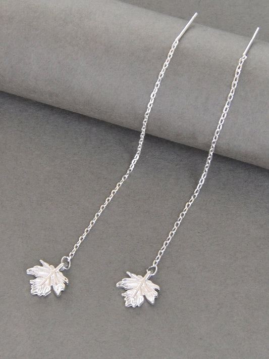 Minimalist Silver Tassel Maple Leaf Long Chain Threader Dangle Earrings Ear Line