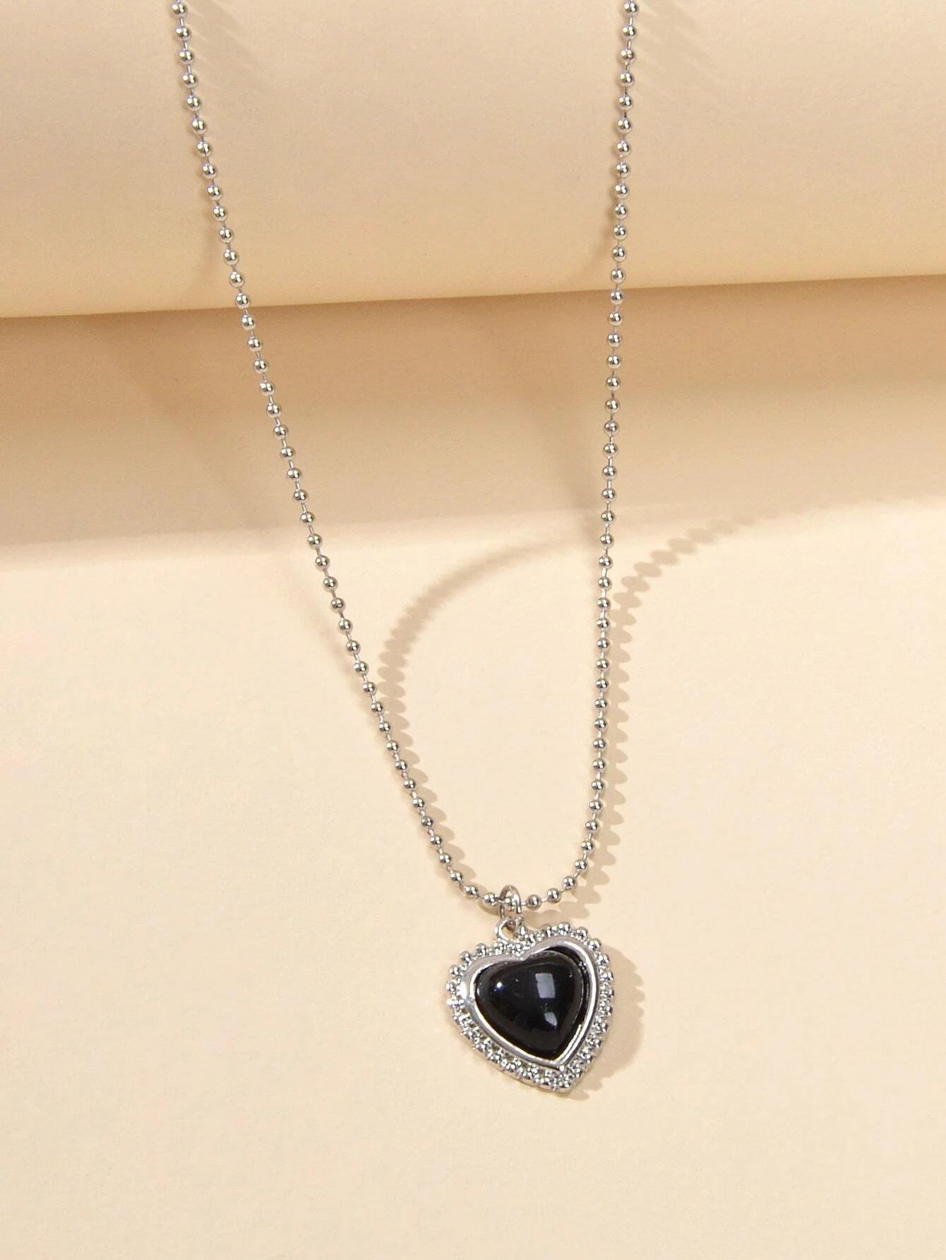 Silver Ball Chain Black Love Heart Pendant Necklace Textured Collar Jewellery