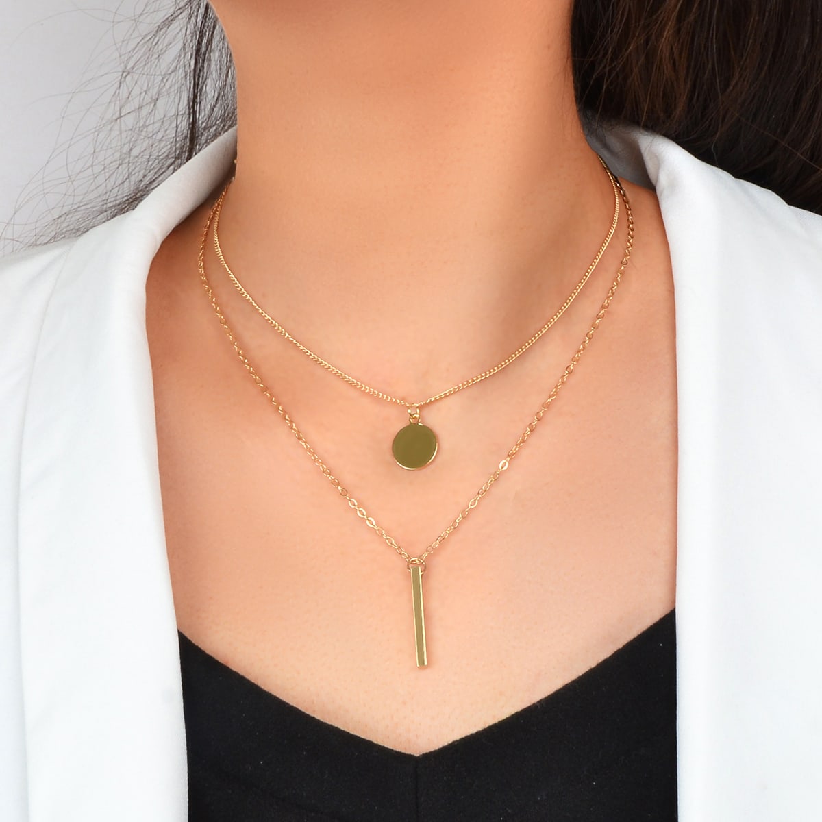2 pcs Trendy Daily Gold Chain Disc Stick Charm Necklace Minimalist Jewelry Gifts