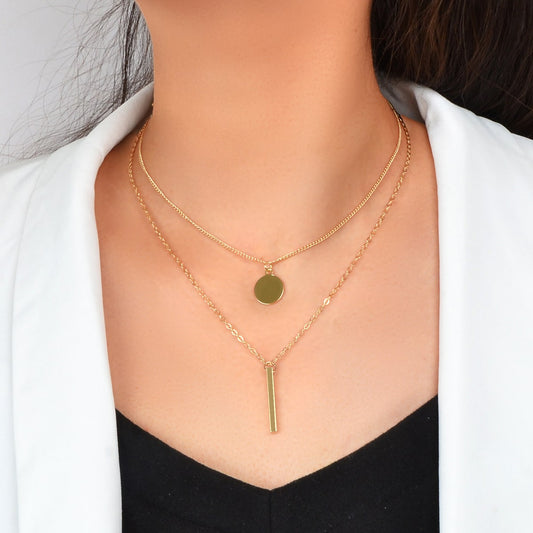 2 pcs Trendy Daily Gold Chain Disc Stick Charm Necklace Minimalist Jewelry Gifts