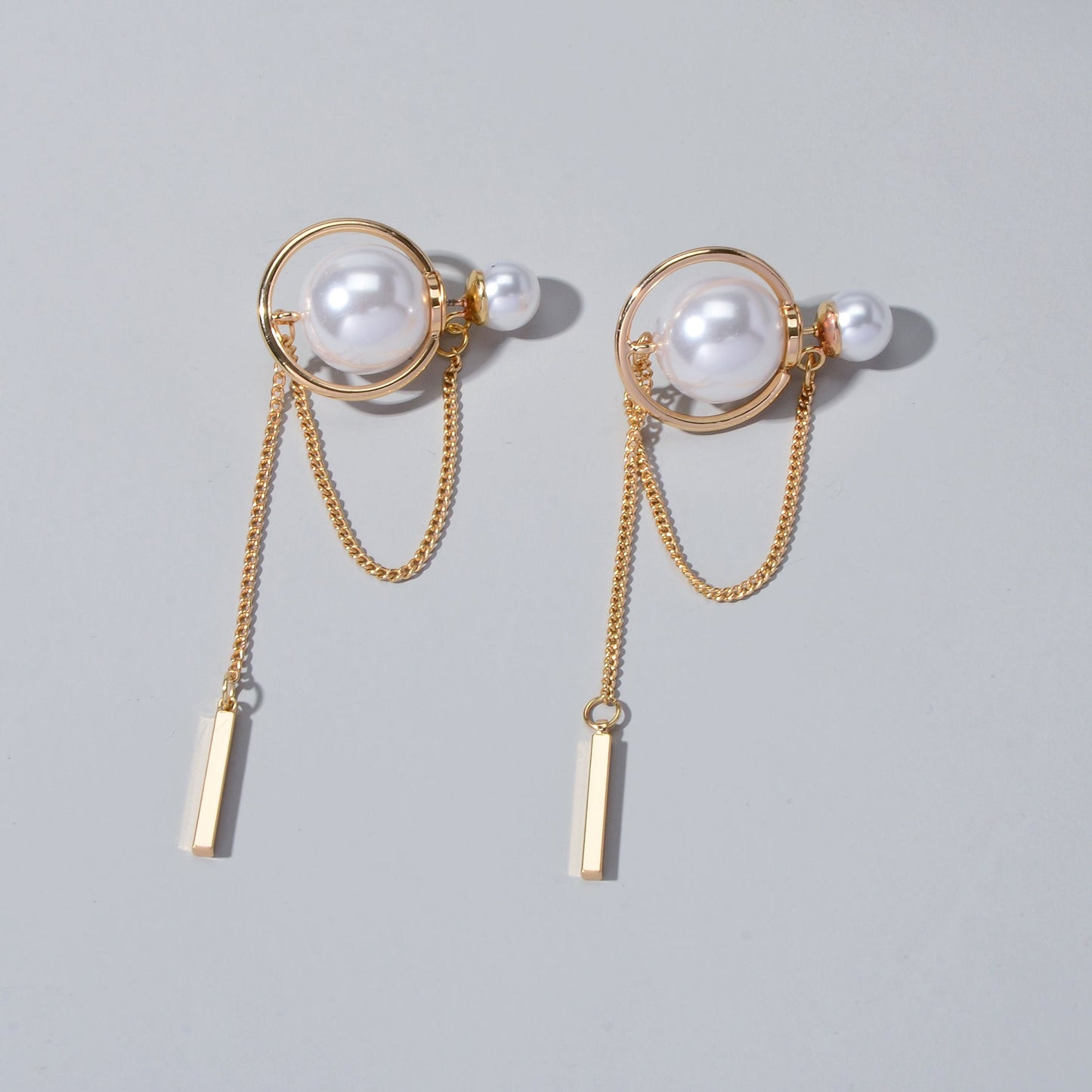 Retro Textured Jewellery Circle Chain Bar Charm Pearl Stud Earrings Ear Jacket