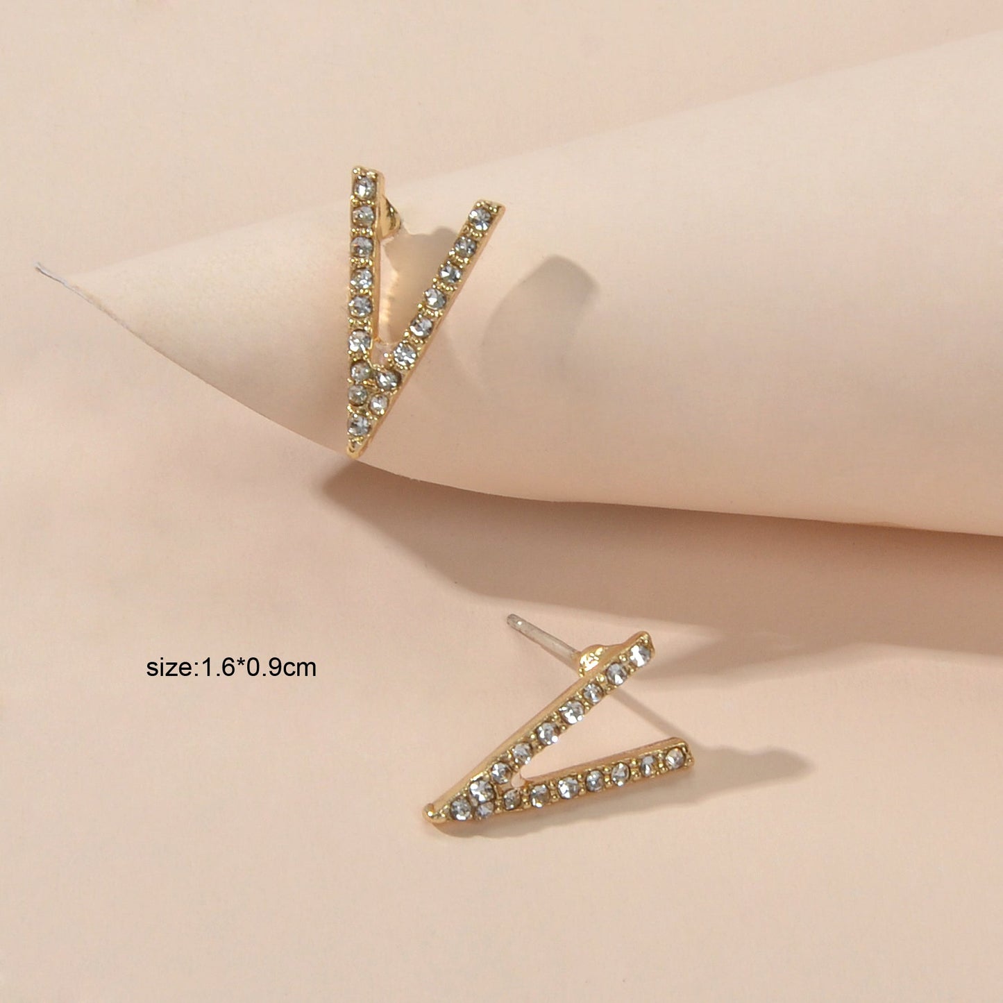 Gold Plated Rhinestone Decor V shape Stud Pierced Personality Geometric Earrings